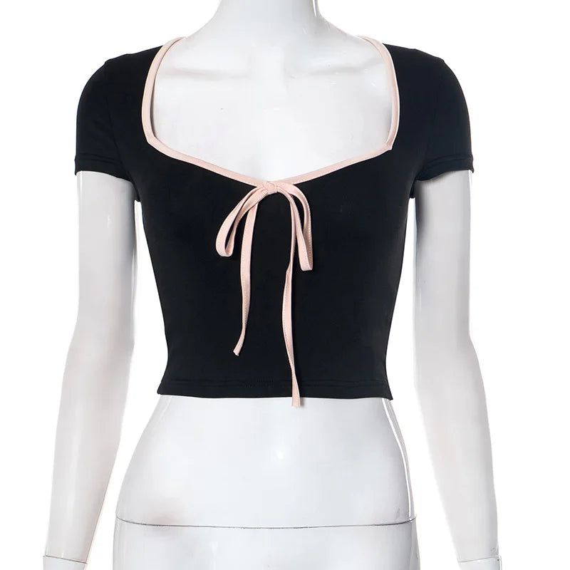 Y2k Summer Crop Top Bow Baby Tees Womens Clothes Chic Cute Low Cut Short Sleeve T Shirts Black