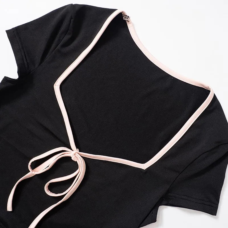 Y2k Summer Crop Top Bow Baby Tees Womens Clothes Chic Cute Low Cut Short Sleeve T Shirts Black