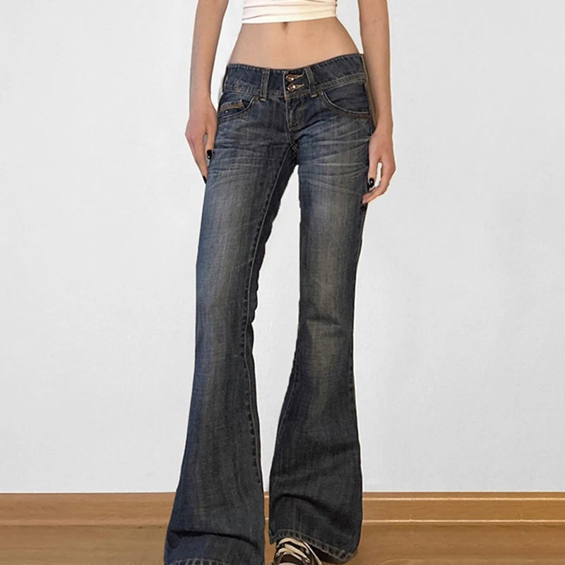 Weekeep Vintage y2k Flared Jeans Retro Button-up Low Rise Casual Denim Pants Harajuku 2000s Trousers Basic Aesthetic Mom Jeans