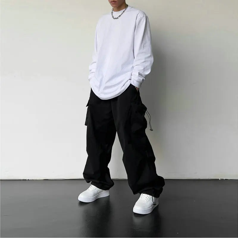 Spring Summer Fashion Casual Pans For Men Streetwear Solid Color Cargo Pants Elastic Waist Wide Leg Men's Joggers