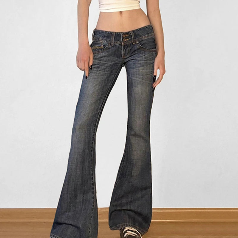 Weekeep Vintage y2k Flared Jeans Retro Button-up Low Rise Casual Denim Pants Harajuku 2000s Trousers Basic Aesthetic Mom Jeans