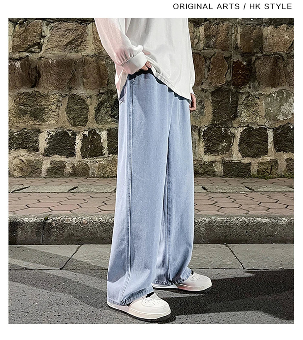 Fashion Men's Solid Color Drape Jeans Loose Straight Korean Vintage High Street Hip-hop Y2K Casual Daily Dragging Wide-leg Pants