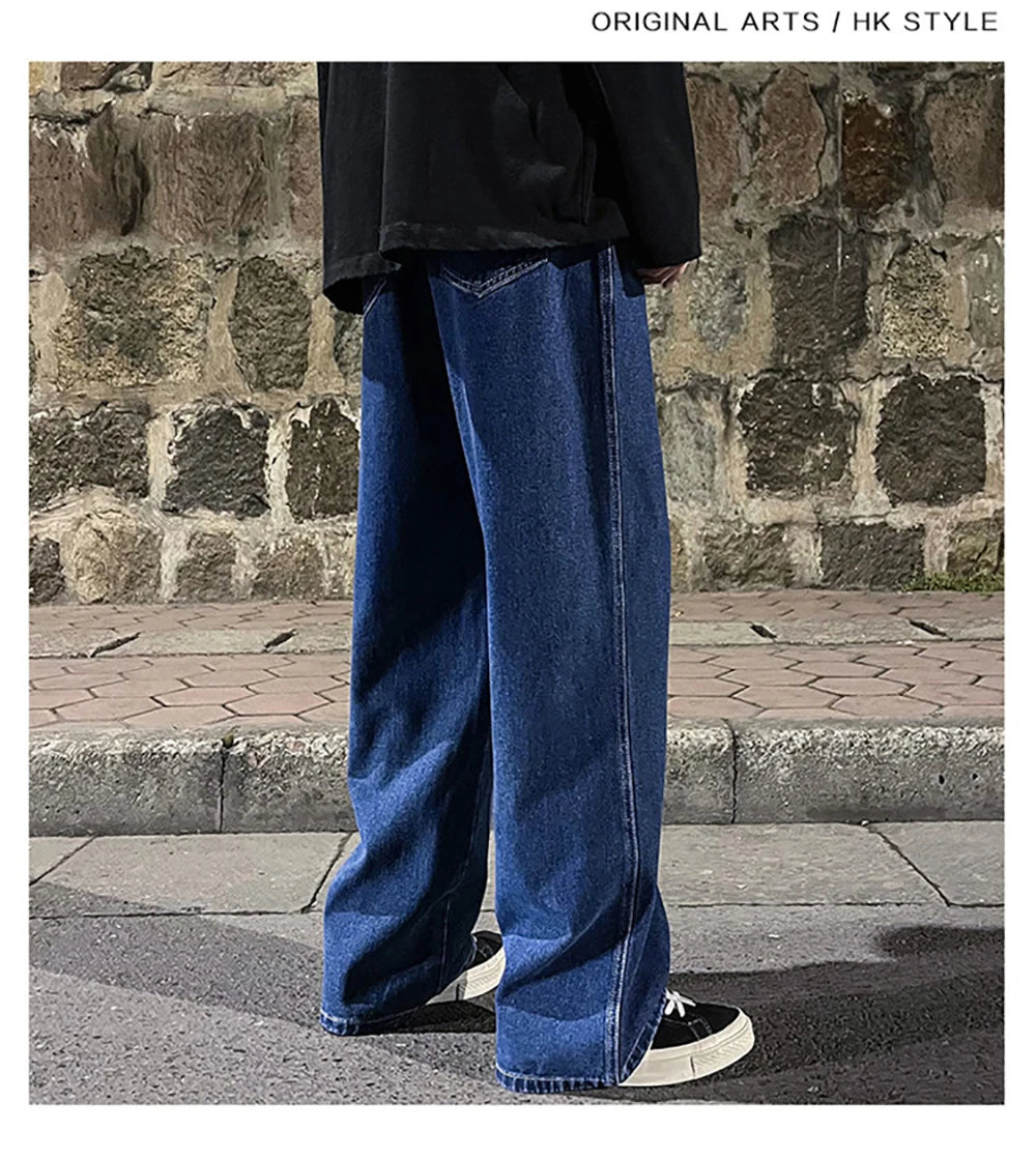 Fashion Men's Solid Color Drape Jeans Loose Straight Korean Vintage High Street Hip-hop Y2K Casual Daily Dragging Wide-leg Pants