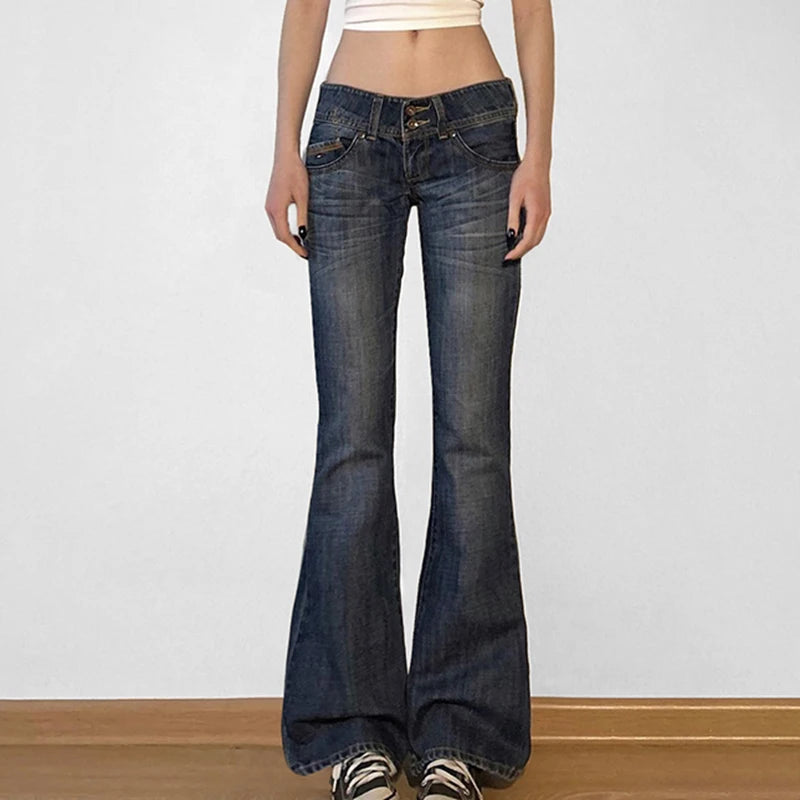 Weekeep Vintage y2k Flared Jeans Retro Button-up Low Rise Casual Denim Pants Harajuku 2000s Trousers Basic Aesthetic Mom Jeans