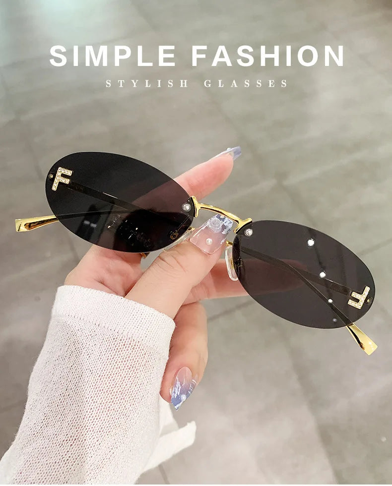 Fashion Rimless Sunglasses Women UV400 Oval Elegant Diamond F Sun Glasses Retro Eyewear