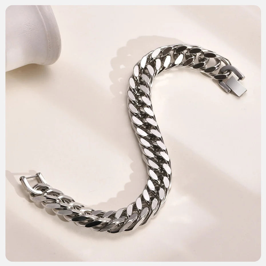 Vnox 12/15MM Width Stainless Steel Cuban Chain Bracelets for Men, Silver Color Fashion Hip Hop Male Boy Wristband Jewelry