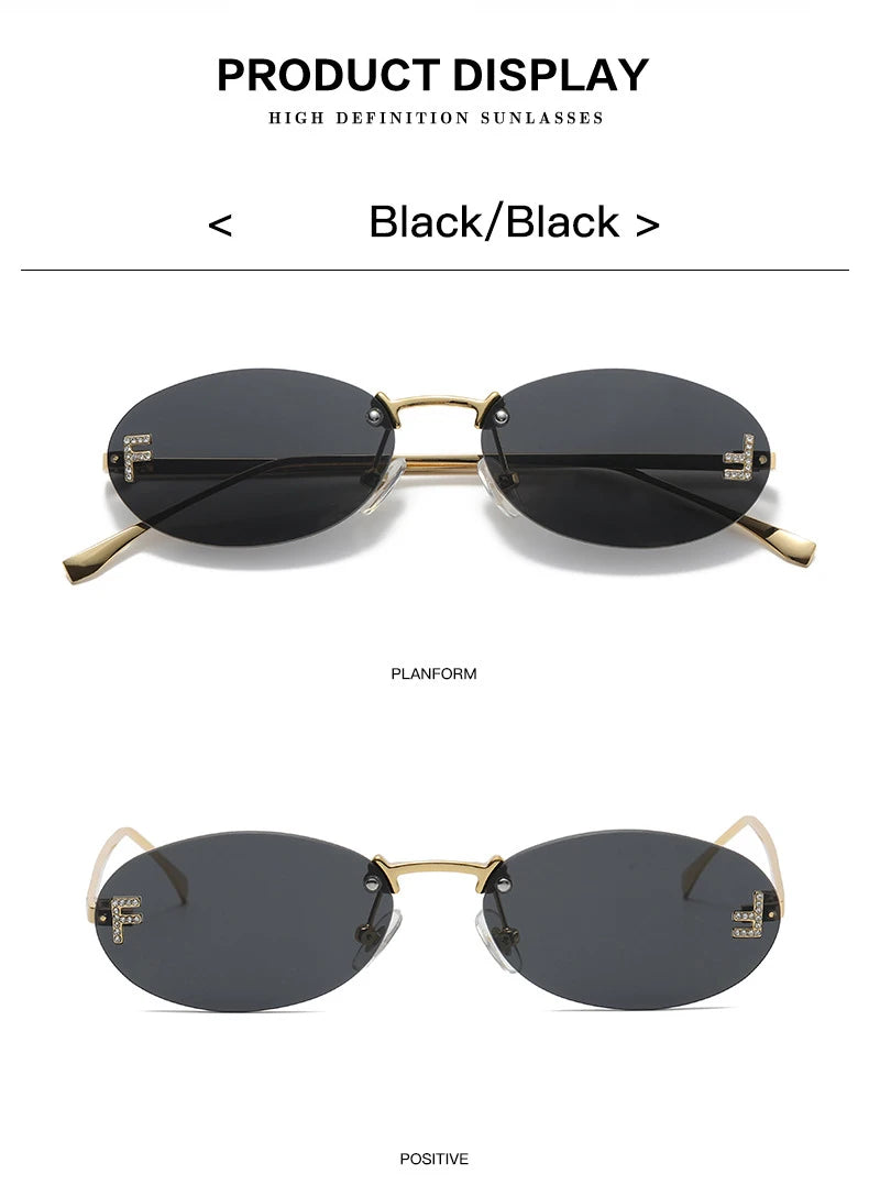 Fashion Rimless Sunglasses Women UV400 Oval Elegant Diamond F Sun Glasses Retro Eyewear