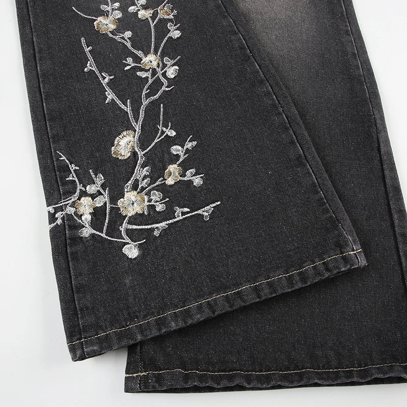 Weekeep Floral Embroidery Jeans Vintage 2000s Low Rise Flared Jeans Women Retro y2k Baggy Denim Pants High Street Basic Trousers