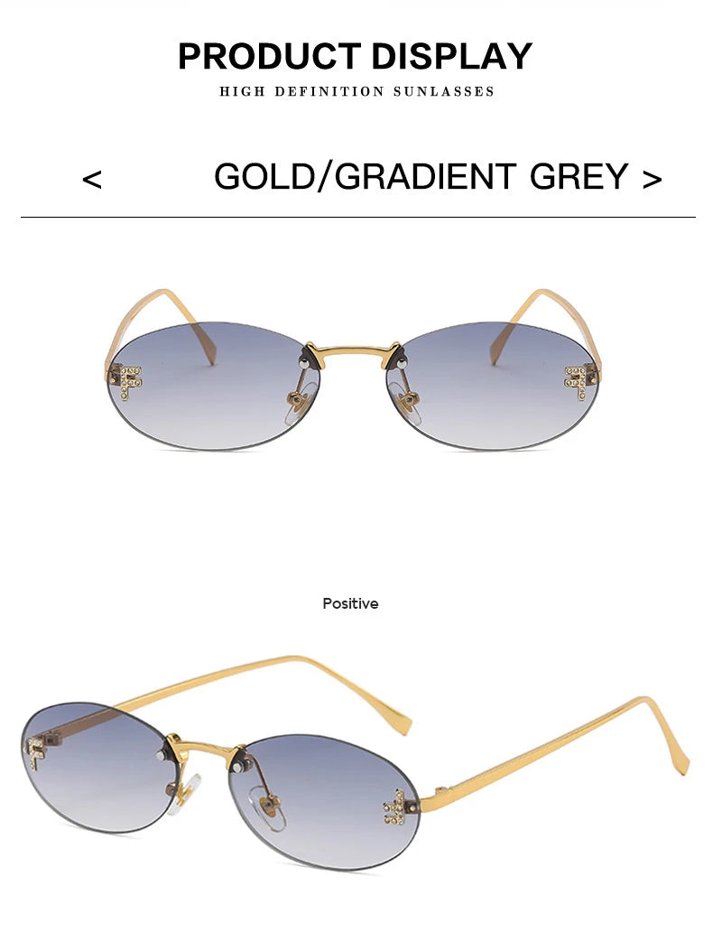Fashion Rimless Sunglasses Women UV400 Oval Elegant Diamond F Sun Glasses Retro Eyewear