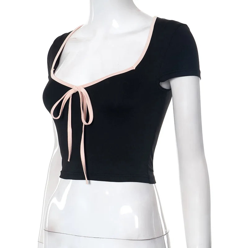 Y2k Summer Crop Top Bow Baby Tees Womens Clothes Chic Cute Low Cut Short Sleeve T Shirts Black