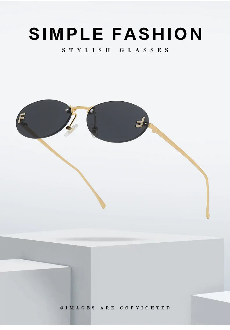 Fashion Rimless Sunglasses Women UV400 Oval Elegant Diamond F Sun Glasses Retro Eyewear
