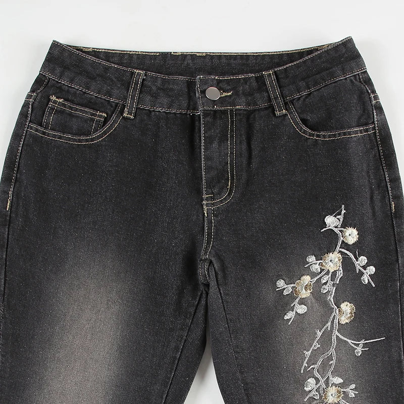 Weekeep Floral Embroidery Jeans Vintage 2000s Low Rise Flared Jeans Women Retro y2k Baggy Denim Pants High Street Basic Trousers