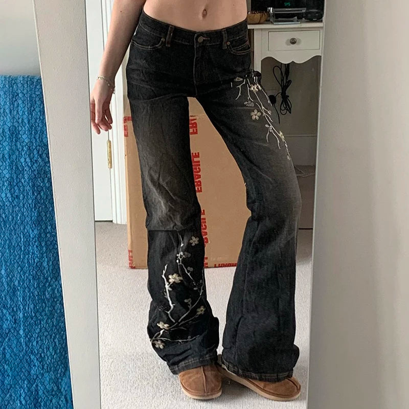 Weekeep Floral Embroidery Jeans Vintage 2000s Low Rise Flared Jeans Women Retro y2k Baggy Denim Pants High Street Basic Trousers