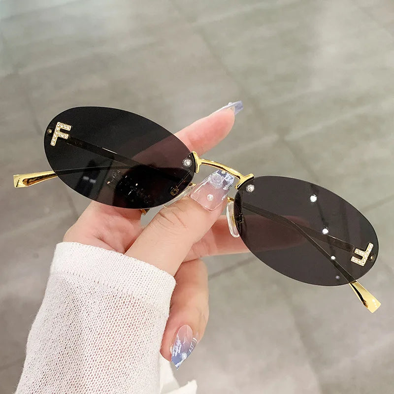 Fashion Rimless Sunglasses Women UV400 Oval Elegant Diamond F Sun Glasses Retro Eyewear