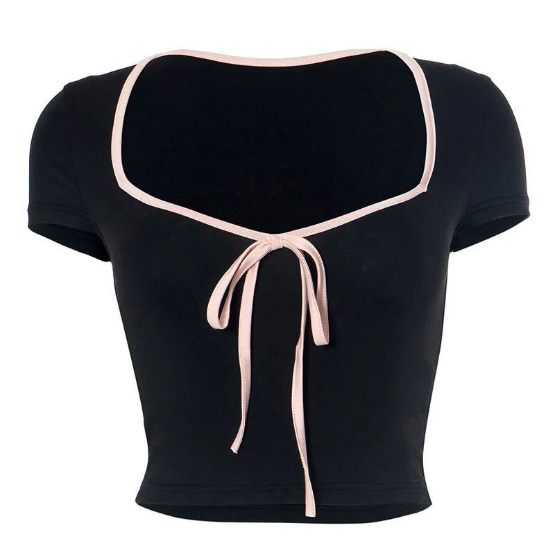 Y2k Summer Crop Top Bow Baby Tees Womens Clothes Chic Cute Low Cut Short Sleeve T Shirts Black