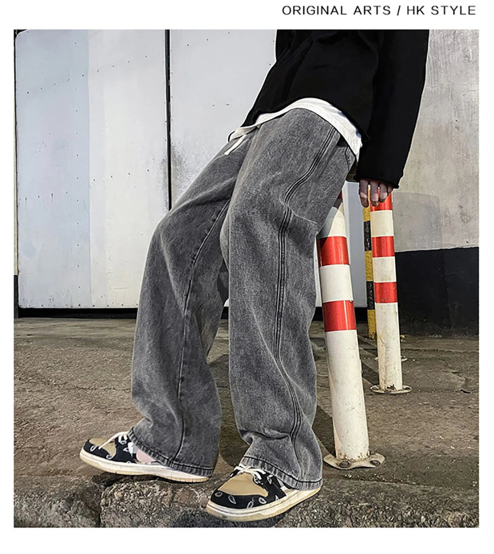 Fashion Men's Solid Color Drape Jeans Loose Straight Korean Vintage High Street Hip-hop Y2K Casual Daily Dragging Wide-leg Pants