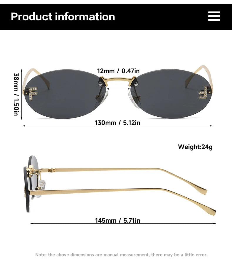 Fashion Rimless Sunglasses Women UV400 Oval Elegant Diamond F Sun Glasses Retro Eyewear