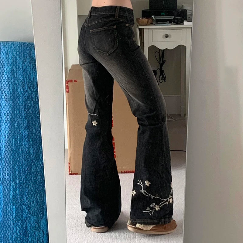 Weekeep Floral Embroidery Jeans Vintage 2000s Low Rise Flared Jeans Women Retro y2k Baggy Denim Pants High Street Basic Trousers