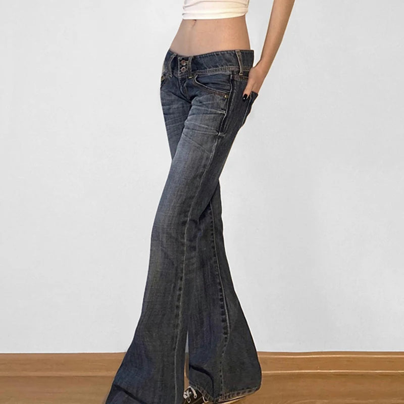Weekeep Vintage y2k Flared Jeans Retro Button-up Low Rise Casual Denim Pants Harajuku 2000s Trousers Basic Aesthetic Mom Jeans