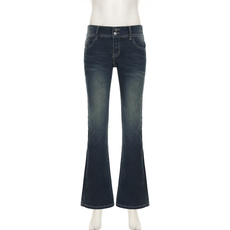 Weekeep Vintage y2k Flared Jeans Retro Button-up Low Rise Casual Denim Pants Harajuku 2000s Trousers Basic Aesthetic Mom Jeans