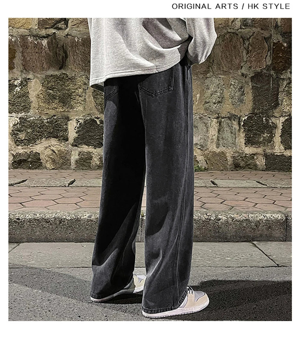 Fashion Men's Solid Color Drape Jeans Loose Straight Korean Vintage High Street Hip-hop Y2K Casual Daily Dragging Wide-leg Pants
