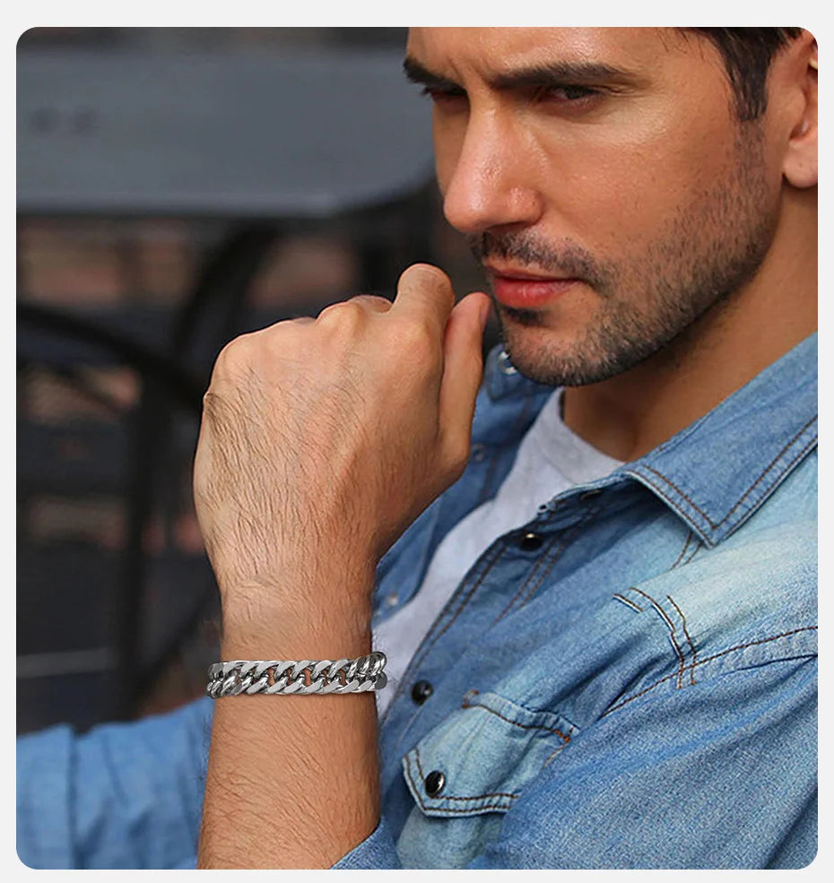 Vnox 12/15MM Width Stainless Steel Cuban Chain Bracelets for Men, Silver Color Fashion Hip Hop Male Boy Wristband Jewelry
