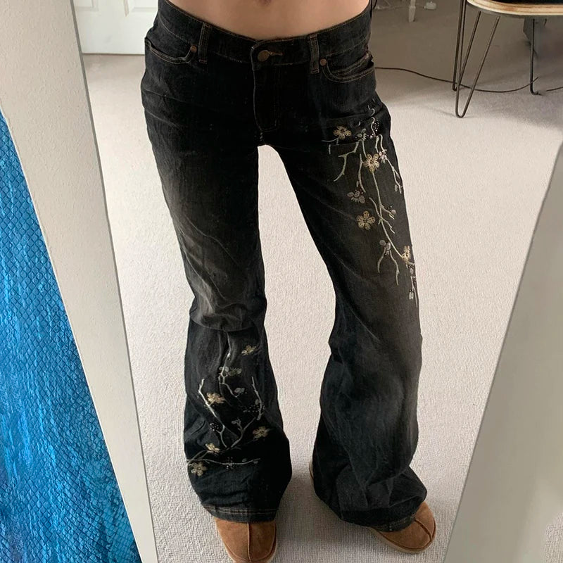 Weekeep Floral Embroidery Jeans Vintage 2000s Low Rise Flared Jeans Women Retro y2k Baggy Denim Pants High Street Basic Trousers