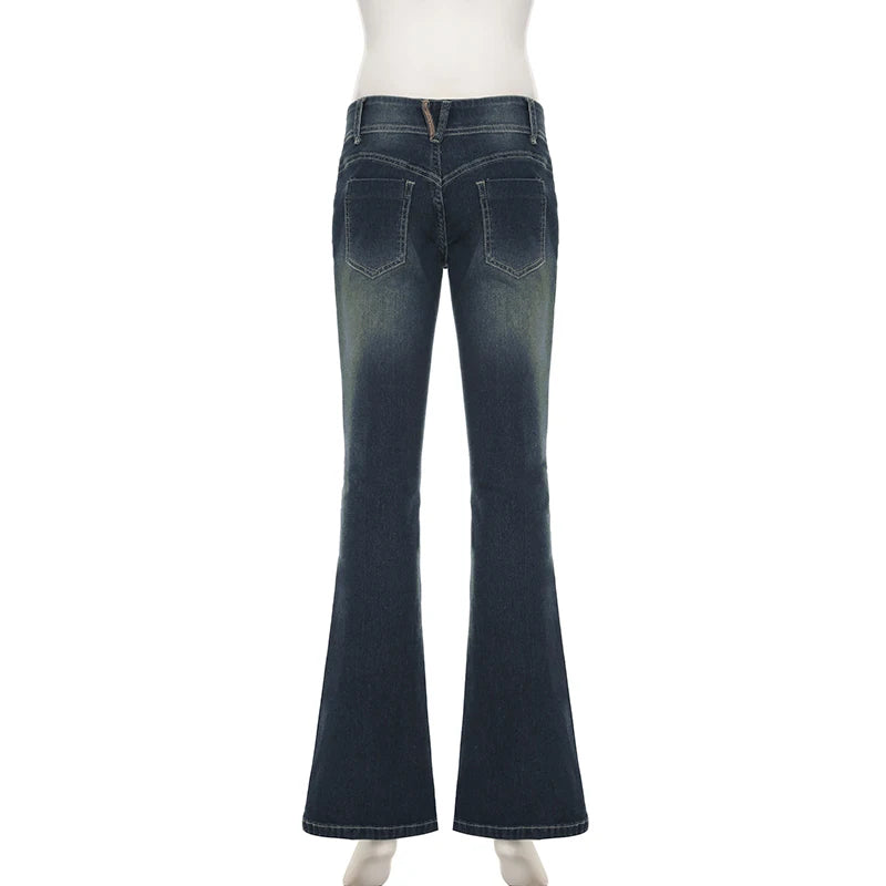 Weekeep Vintage y2k Flared Jeans Retro Button-up Low Rise Casual Denim Pants Harajuku 2000s Trousers Basic Aesthetic Mom Jeans