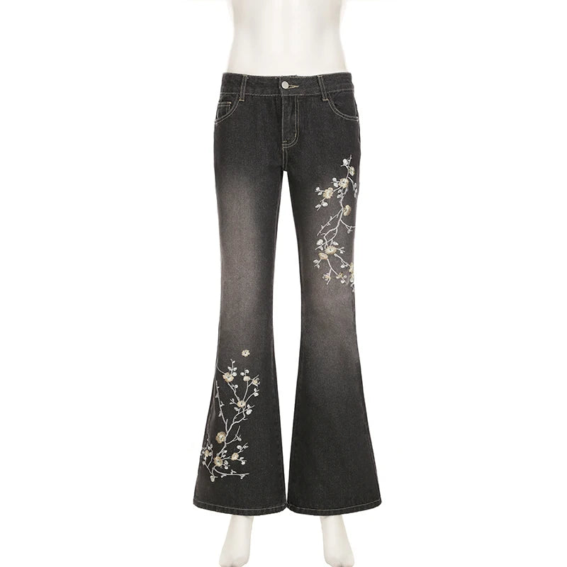 Weekeep Floral Embroidery Jeans Vintage 2000s Low Rise Flared Jeans Women Retro y2k Baggy Denim Pants High Street Basic Trousers