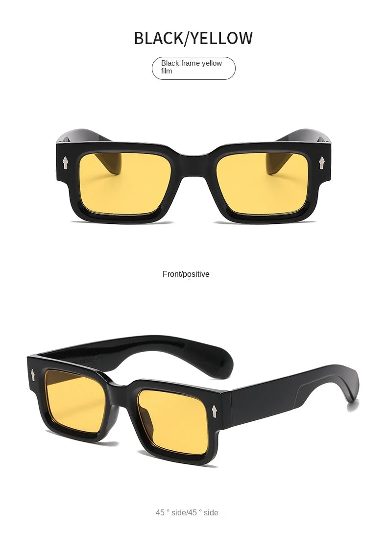 Fashion Retro Thick Leg Square Frame Sunglasses Men Women Popular Brand Small Frame Rice Nail Sun Glasses Black Yellow Glasses