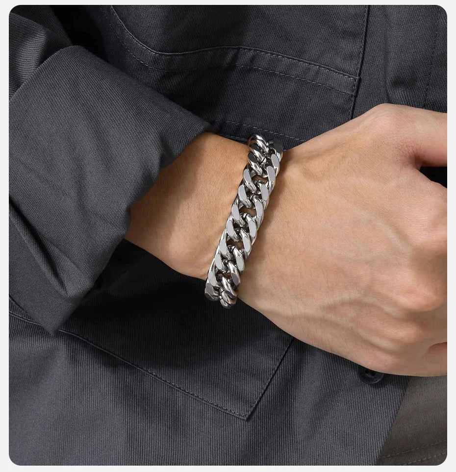 Vnox 12/15MM Width Stainless Steel Cuban Chain Bracelets for Men, Silver Color Fashion Hip Hop Male Boy Wristband Jewelry