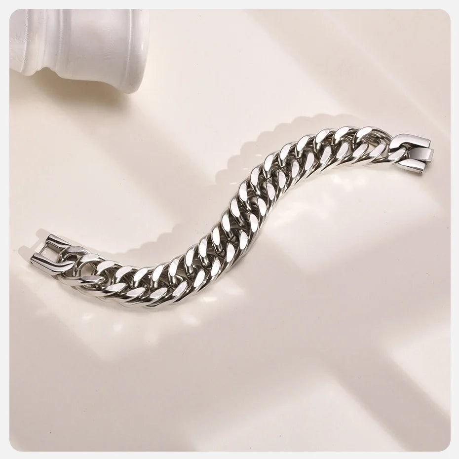 Vnox 12/15MM Width Stainless Steel Cuban Chain Bracelets for Men, Silver Color Fashion Hip Hop Male Boy Wristband Jewelry