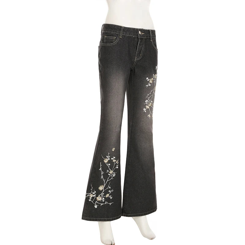 Weekeep Floral Embroidery Jeans Vintage 2000s Low Rise Flared Jeans Women Retro y2k Baggy Denim Pants High Street Basic Trousers