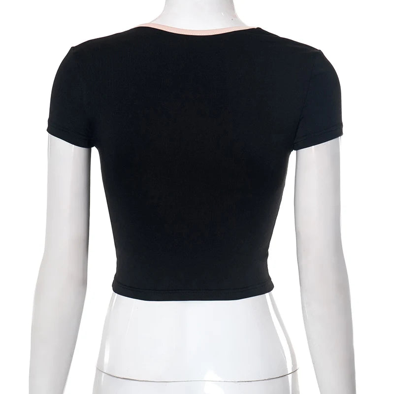Y2k Summer Crop Top Bow Baby Tees Womens Clothes Chic Cute Low Cut Short Sleeve T Shirts Black