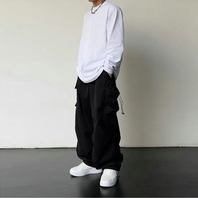 Spring Summer Fashion Casual Pans For Men Streetwear Solid Color Cargo Pants Elastic Waist Wide Leg Men's Joggers