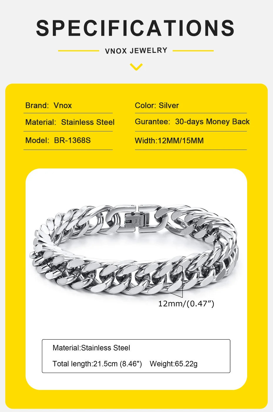 Vnox 12/15MM Width Stainless Steel Cuban Chain Bracelets for Men, Silver Color Fashion Hip Hop Male Boy Wristband Jewelry