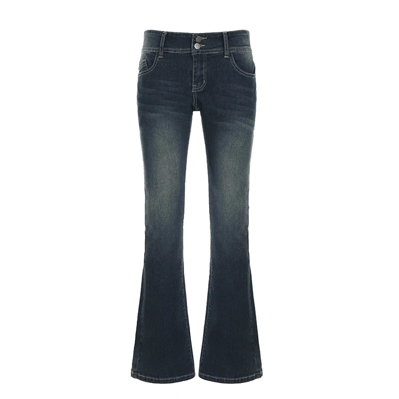 Weekeep Vintage y2k Flared Jeans Retro Button-up Low Rise Casual Denim Pants Harajuku 2000s Trousers Basic Aesthetic Mom Jeans