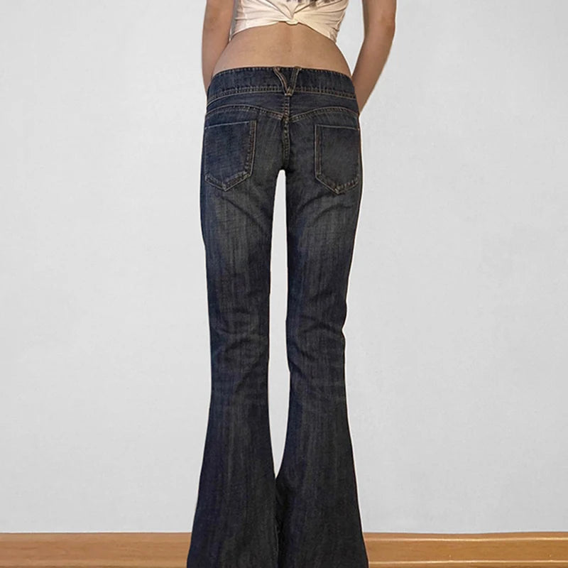 Weekeep Vintage y2k Flared Jeans Retro Button-up Low Rise Casual Denim Pants Harajuku 2000s Trousers Basic Aesthetic Mom Jeans