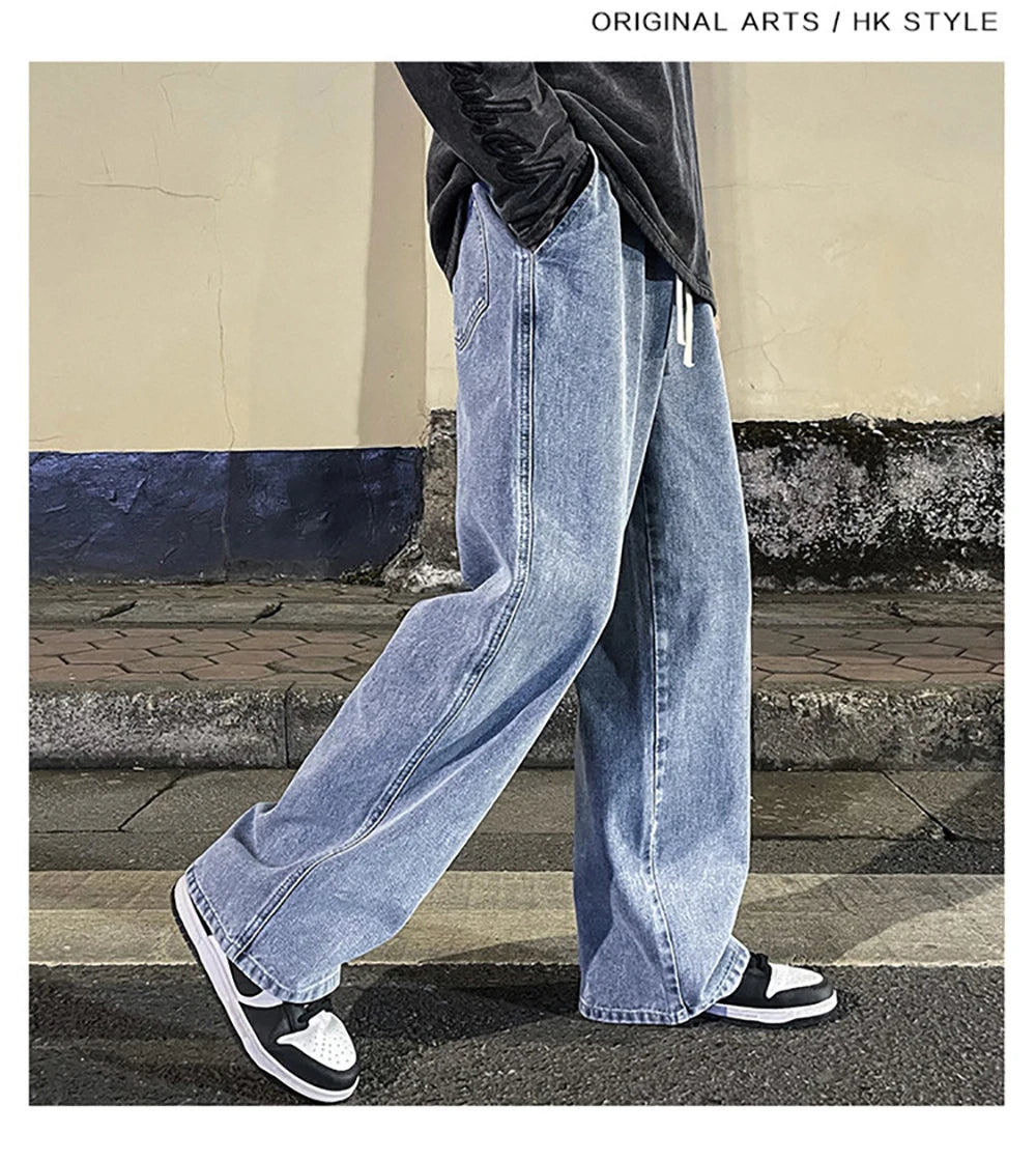 Fashion Men's Solid Color Drape Jeans Loose Straight Korean Vintage High Street Hip-hop Y2K Casual Daily Dragging Wide-leg Pants