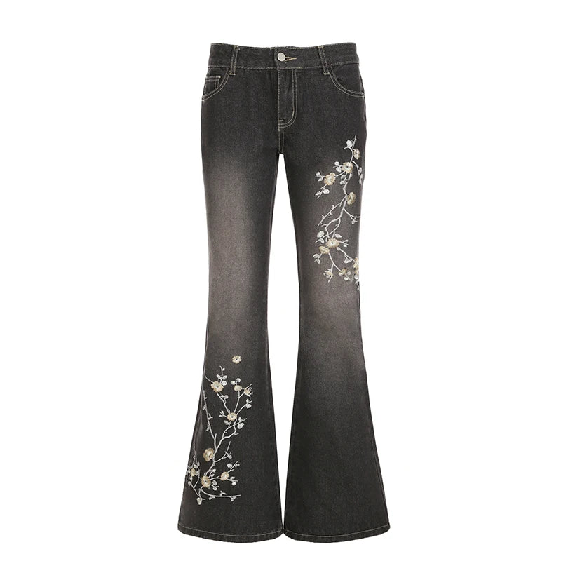 Weekeep Floral Embroidery Jeans Vintage 2000s Low Rise Flared Jeans Women Retro y2k Baggy Denim Pants High Street Basic Trousers