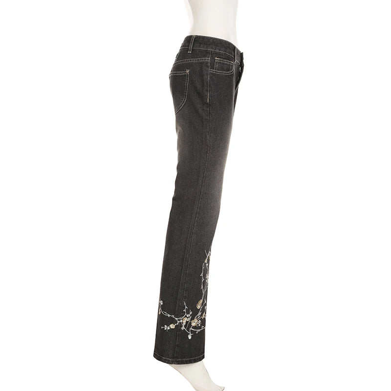 Weekeep Floral Embroidery Jeans Vintage 2000s Low Rise Flared Jeans Women Retro y2k Baggy Denim Pants High Street Basic Trousers