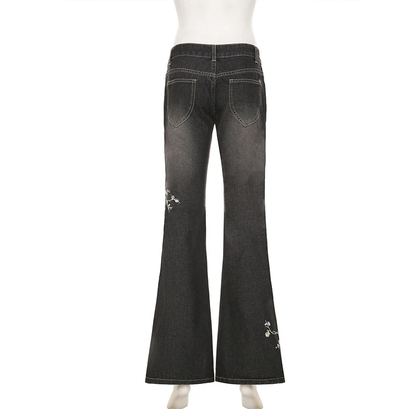 Weekeep Floral Embroidery Jeans Vintage 2000s Low Rise Flared Jeans Women Retro y2k Baggy Denim Pants High Street Basic Trousers