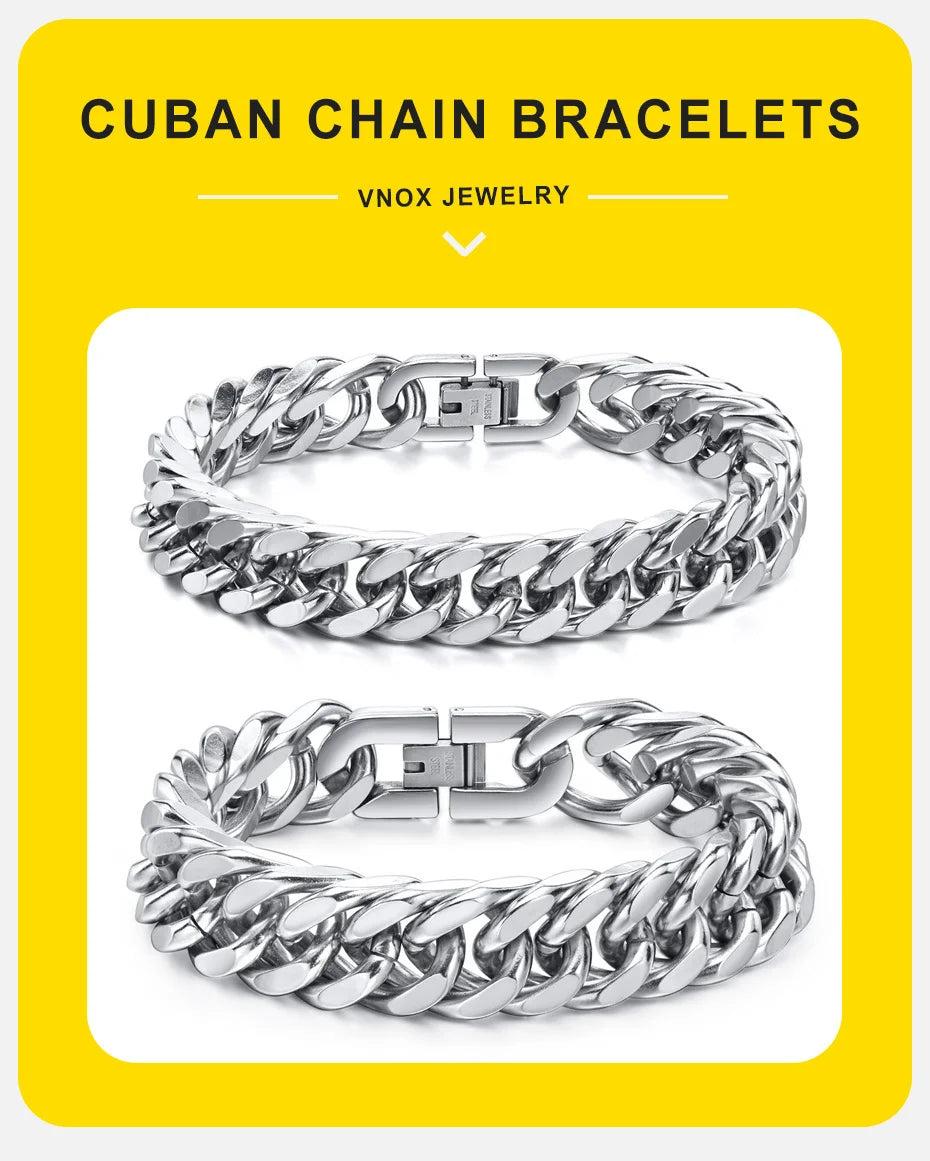Vnox 12/15MM Width Stainless Steel Cuban Chain Bracelets for Men, Silver Color Fashion Hip Hop Male Boy Wristband Jewelry