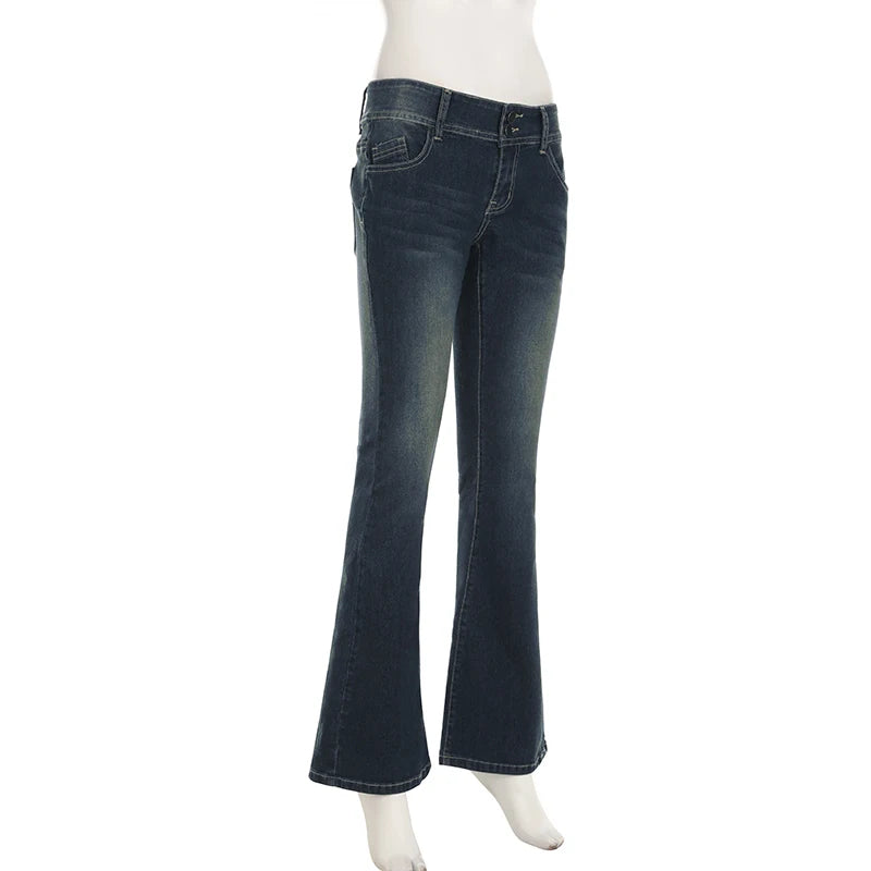 Weekeep Vintage y2k Flared Jeans Retro Button-up Low Rise Casual Denim Pants Harajuku 2000s Trousers Basic Aesthetic Mom Jeans